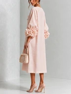 Jade - Robe Midi Rose Fleurie à Boutons et Manches Volumineuses