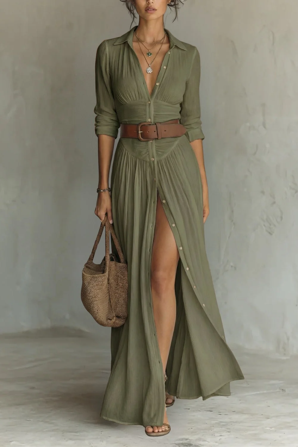 ROBE LONGUE POUR FEMME AVEC COL À REVERS ET MANCHES LONGUES EN LIN