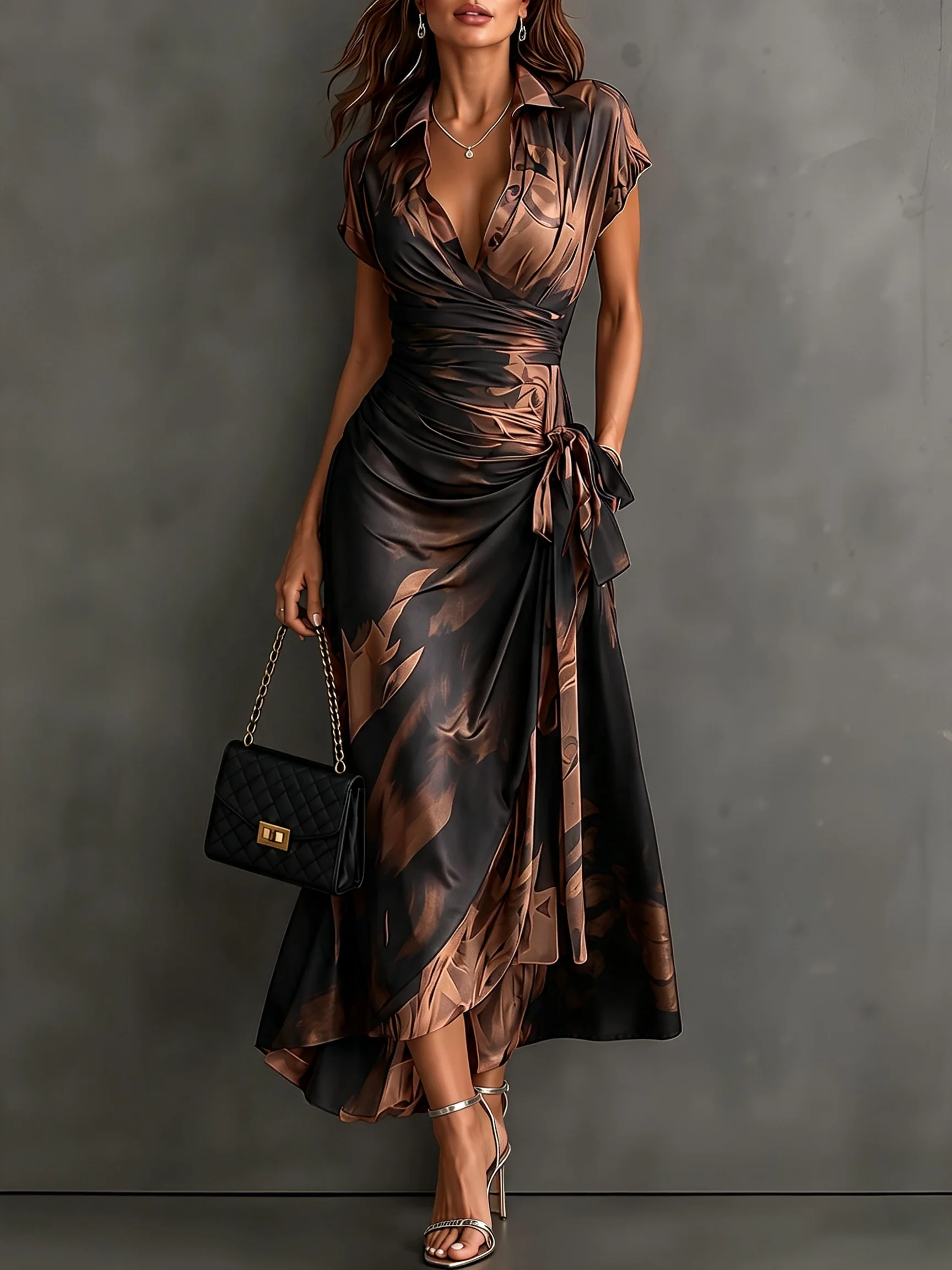 Chloé - Robe Midi Cache-Cœur Marron et Noire à Imprimé Abstrait et Ourlet Volanté
