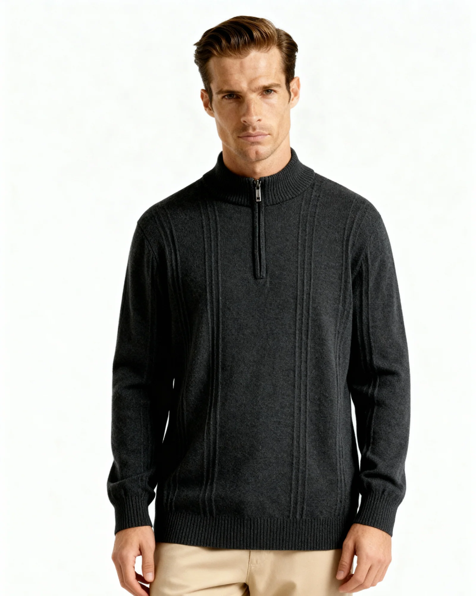 PULL CÔTELÉ DEMI-ZIP CACHEMIRE
