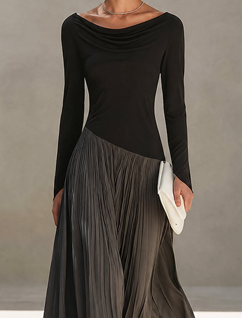 Avriel - Robe Maxi Plissée Bicolore Noire et Grise à Encolure Drapée
