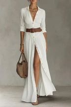 ROBE LONGUE POUR FEMME AVEC COL À REVERS ET MANCHES LONGUES EN LIN