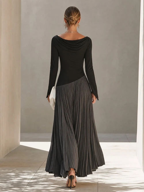 Avriel - Robe Maxi Plissée Bicolore Noire et Grise à Encolure Drapée