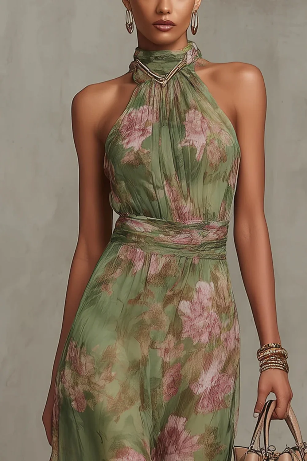 SERENA ∙ ROBE LONGUE VERTE À FLEURS EN MOUSSELINE AVEC COL LICOU
