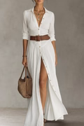 ROBE LONGUE POUR FEMME AVEC COL À REVERS ET MANCHES LONGUES EN LIN