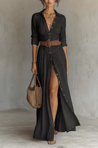 ROBE LONGUE POUR FEMME AVEC COL À REVERS ET MANCHES LONGUES EN LIN