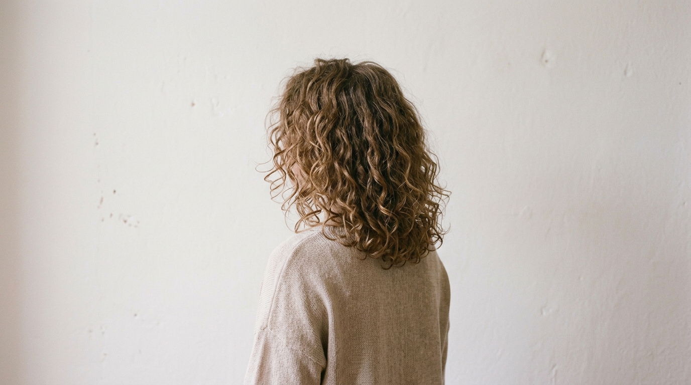 Fine defined curls seen from behind, with volume at the crown