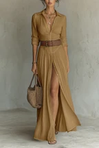 ROBE LONGUE POUR FEMME AVEC COL À REVERS ET MANCHES LONGUES EN LIN