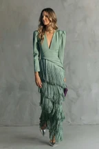 ALESSIA - ÉLÉGANTE ROBE MIDI AVEC MANCHES À FRANGES