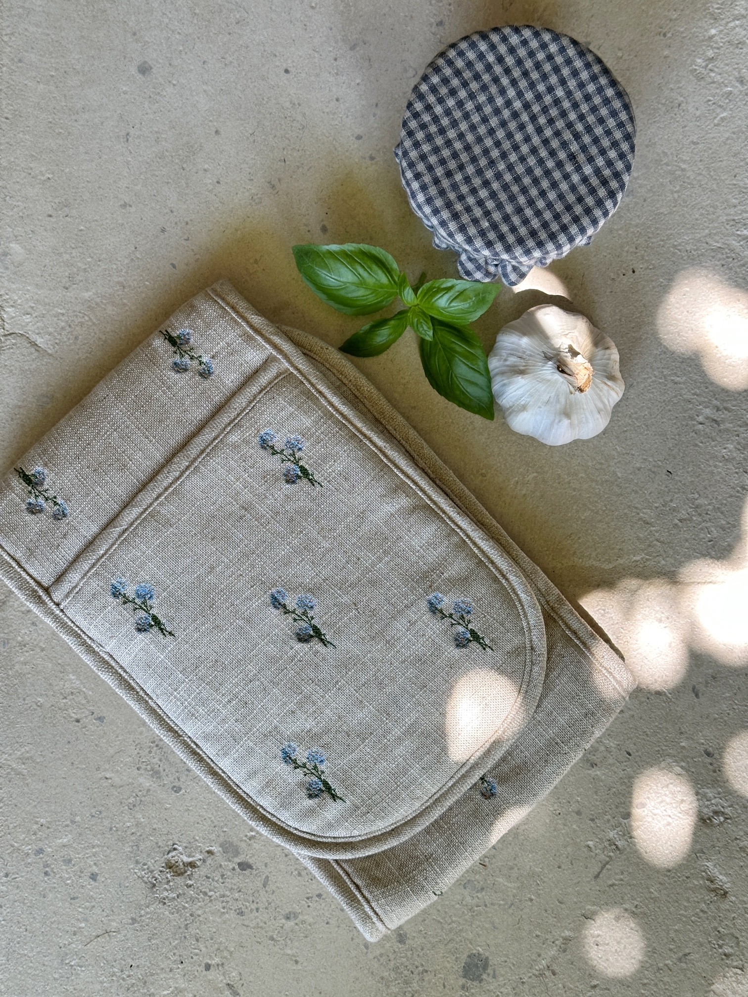 Blue Floral Embroidered Linen Oven Mitt