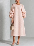 Jade - Robe Midi Rose Fleurie à Boutons et Manches Volumineuses