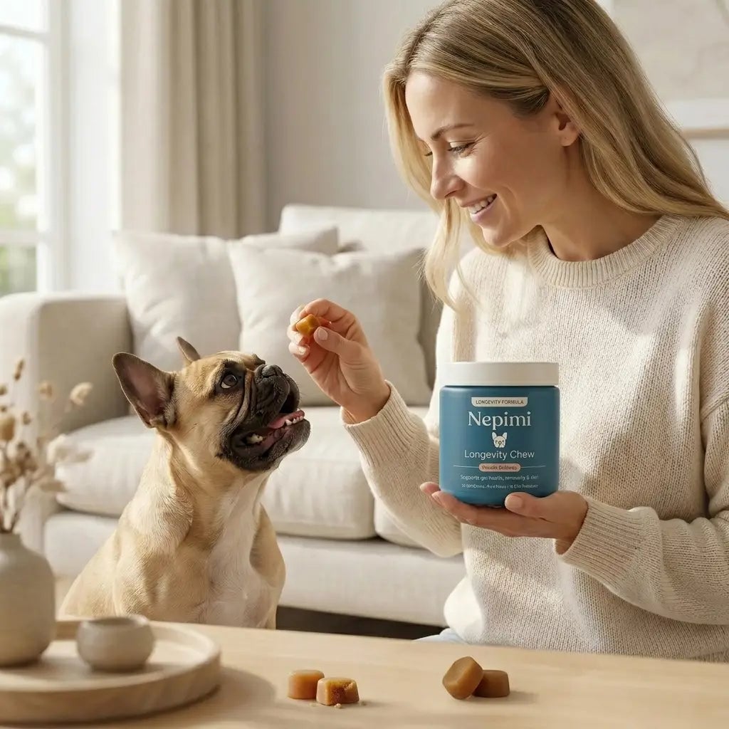 Giving PawGuard chew to French Bulldog