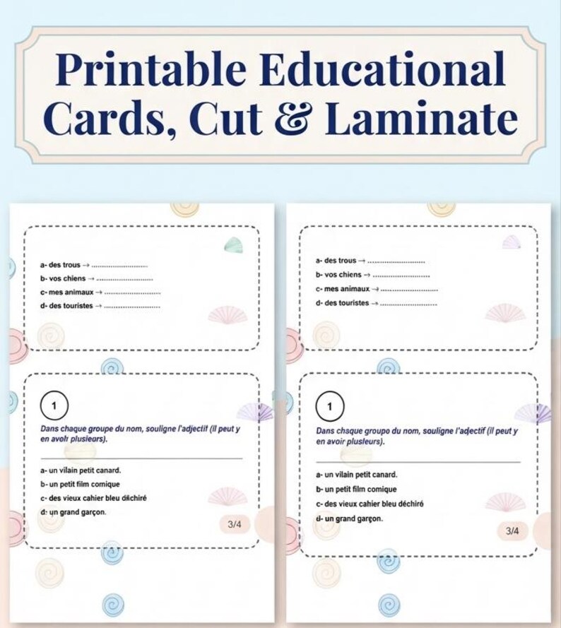 Cards for French grammar exercises