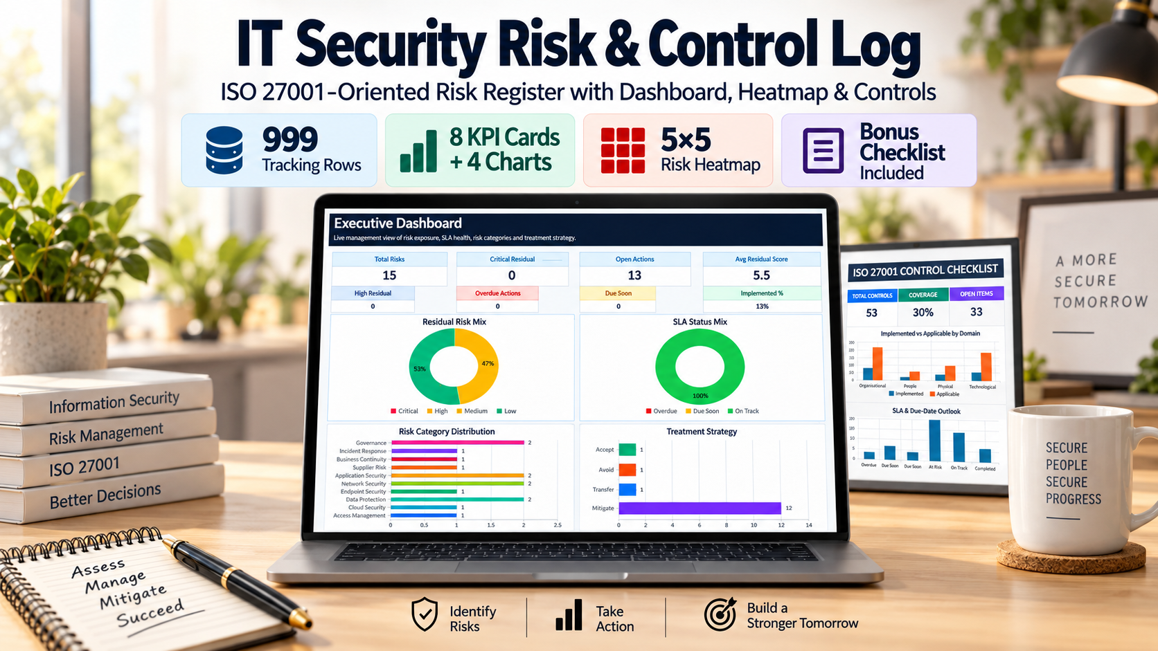 IT Security Risk Log – Excel, ISO 27001 Risk Register, Heatmap & Controls