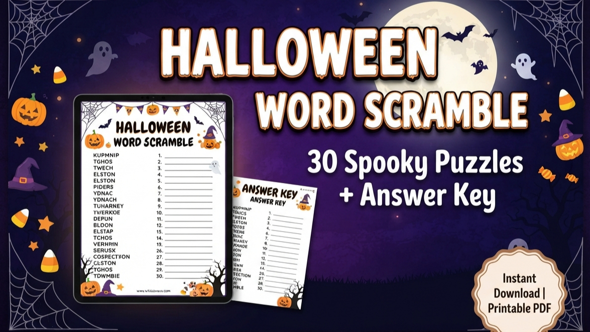 Halloween Word Scramble Game | 30 Spooky Printable Puzzles with Answer Key