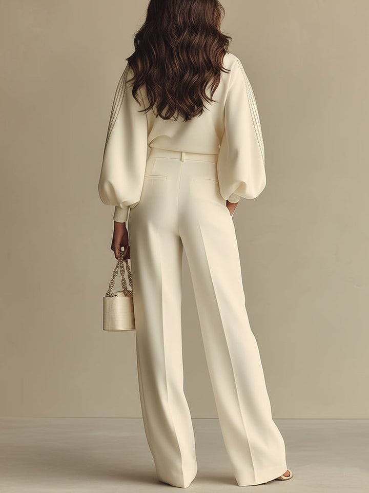Isa | Ivory Crew Neck Top And High-waisted Wide-leg Pants Set