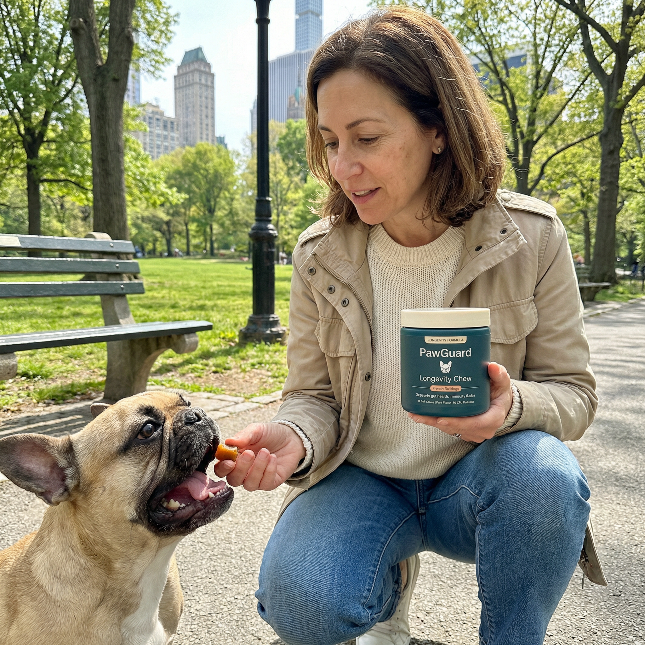 Happy French Bulldog with owner