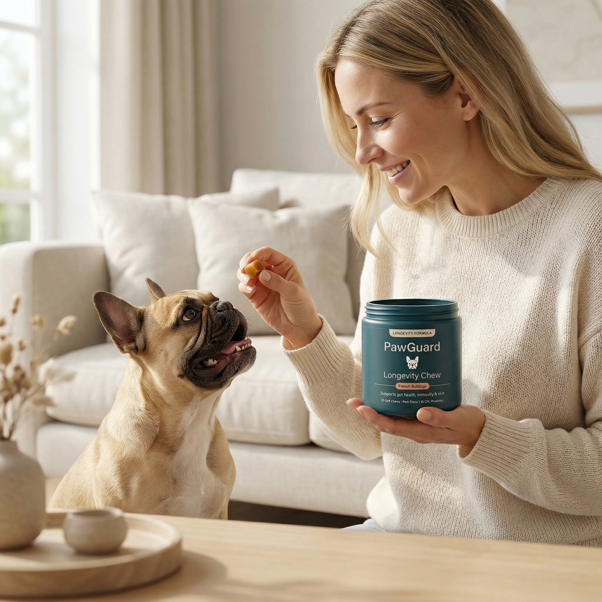 Giving PawGuard chew to French Bulldog