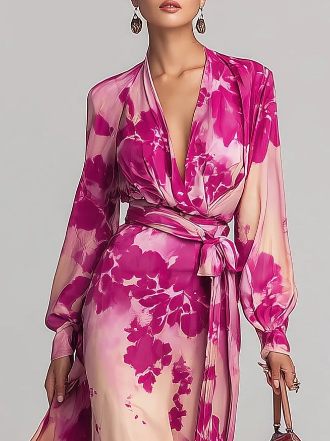 Julia | Rose Floral V-Neck Belted Maxi Dress