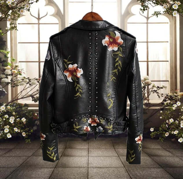 Adelina | Women's Floral Embroidered Studded Leather Jacket