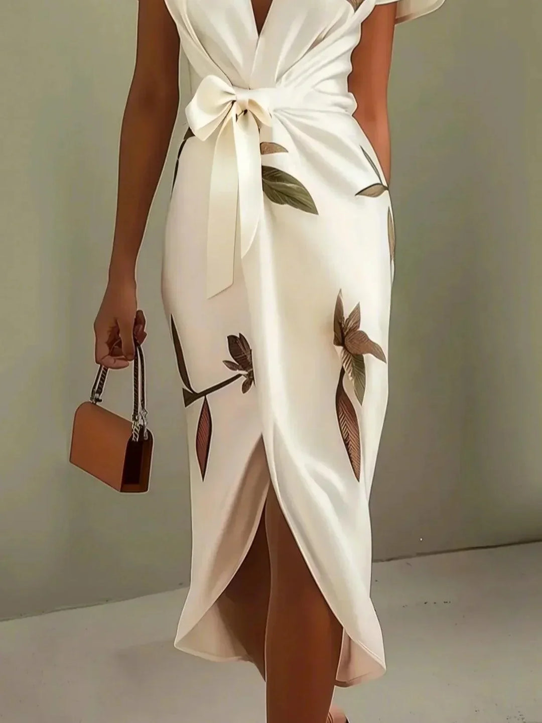 Judy | White Leaf Short Sleeve Satin Midi Dress