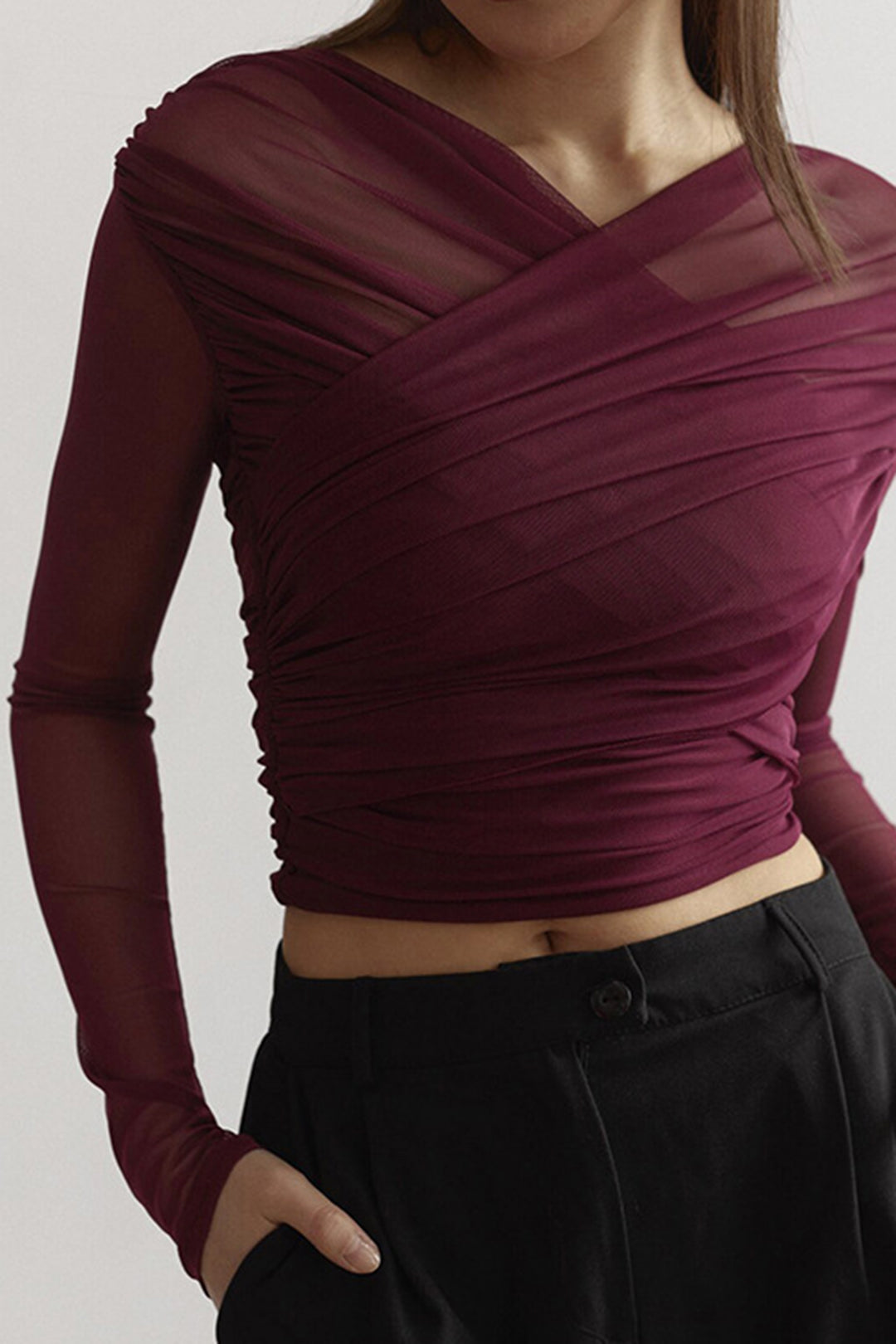 Odette | Ruched Wrap Mesh Top