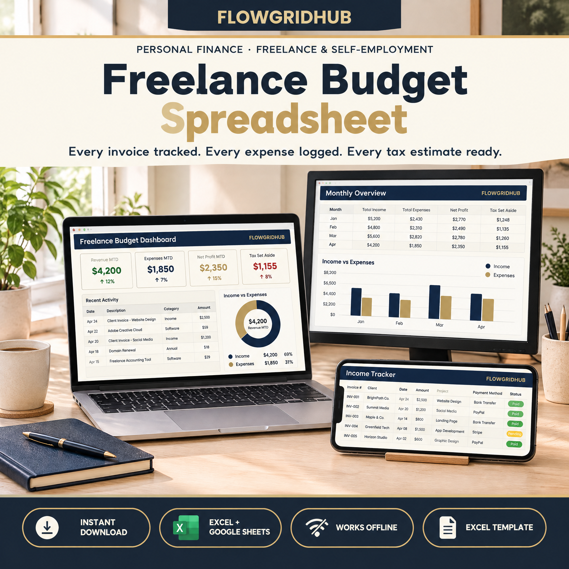 Freelance Budget Spreadsheet Excel | Income Expense Tax Tracker