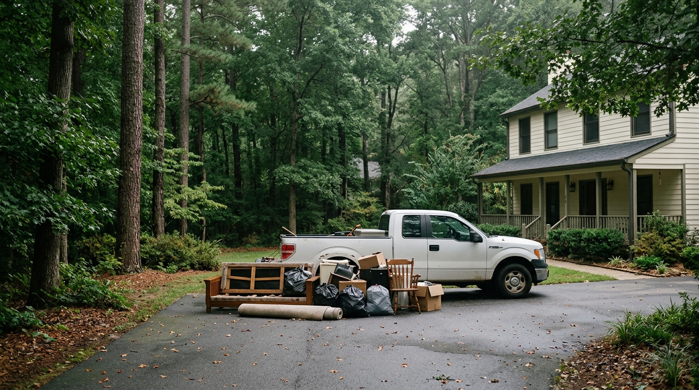 Pickup truck next to furniture and bags ready to be hauled