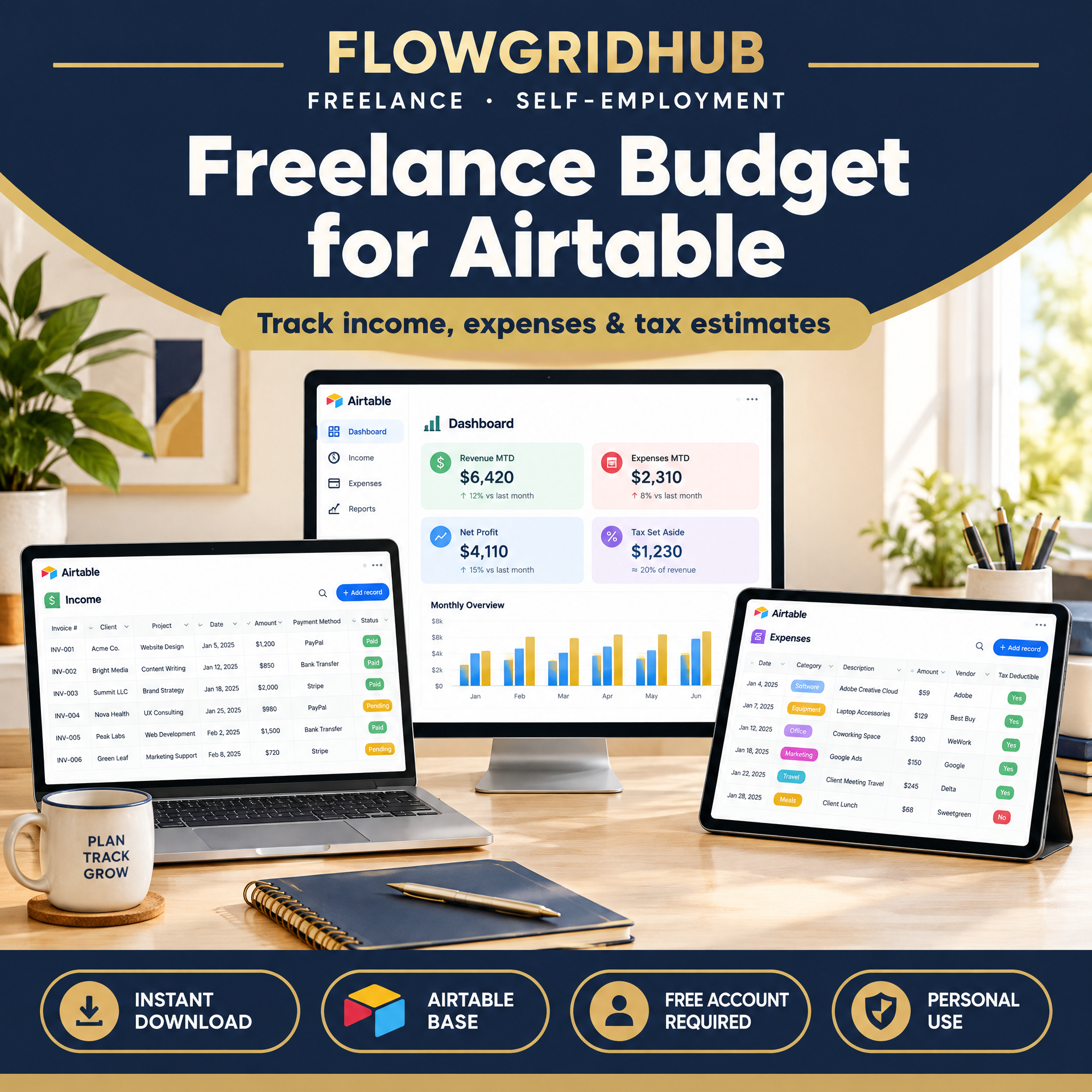 Freelance Budget Airtable Template | Income Expense Tracker