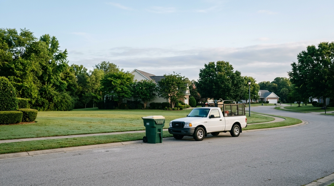 Pickup truck parked beside a trash bin on a quiet suburban street