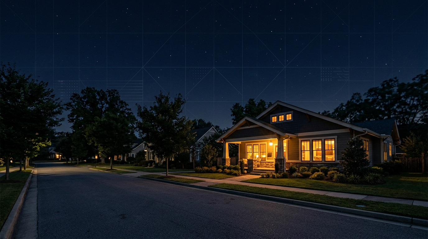 A craftsman house on a quiet street at night, windows lit gold