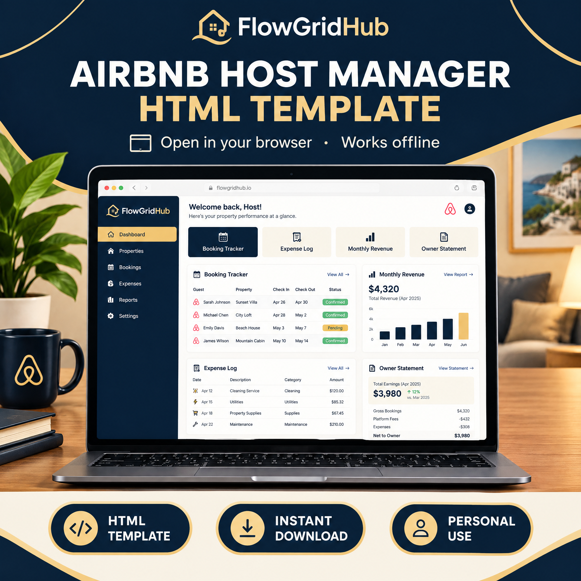 Airbnb Host Manager HTML Template | Works in Any Browser Offline