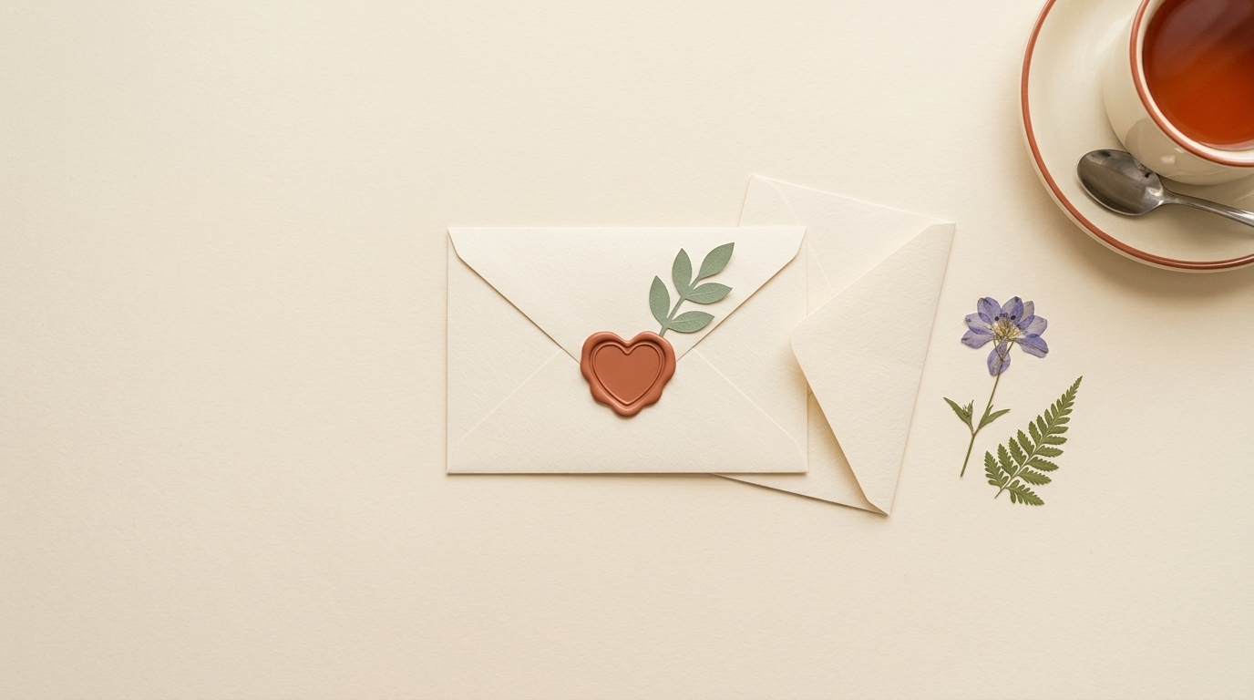 A cream envelope with a terracotta heart seal, a pressed flower, and a cup of tea