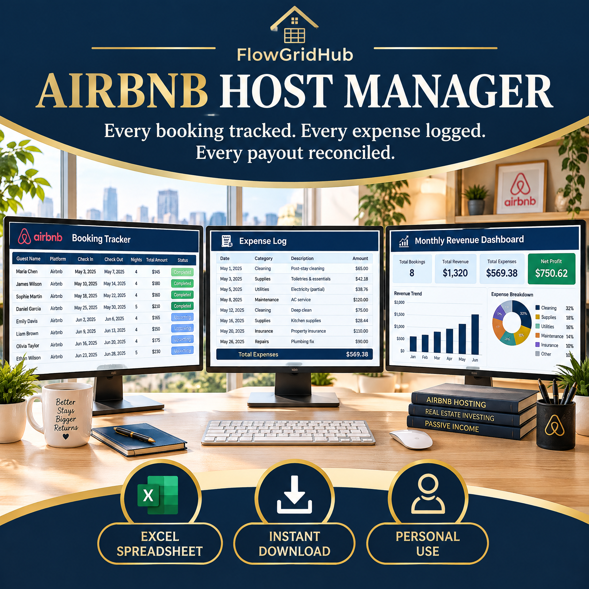 Airbnb Host Manager Spreadsheet Excel | Booking Income Expense Tracker