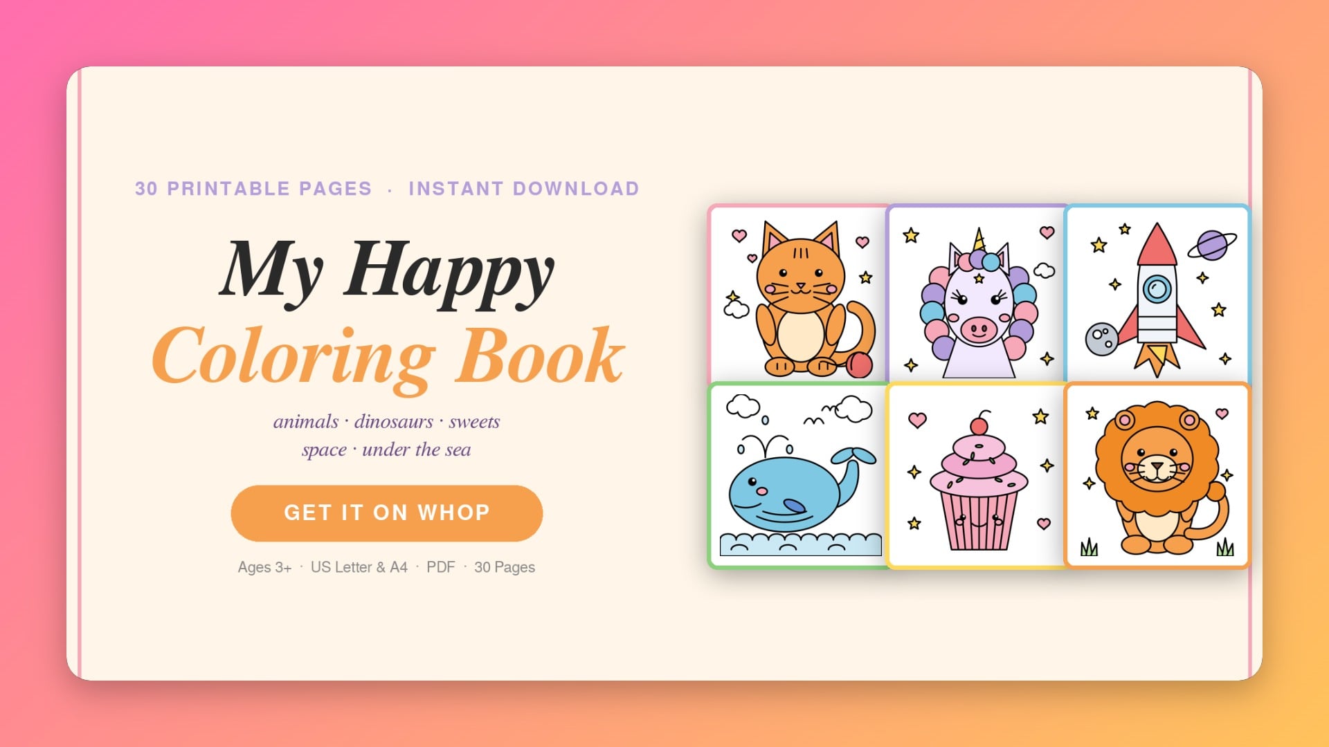 Kids Coloring Book 30 Pages, Cute Animal Coloring Pages Printable, Dinosaur Spac