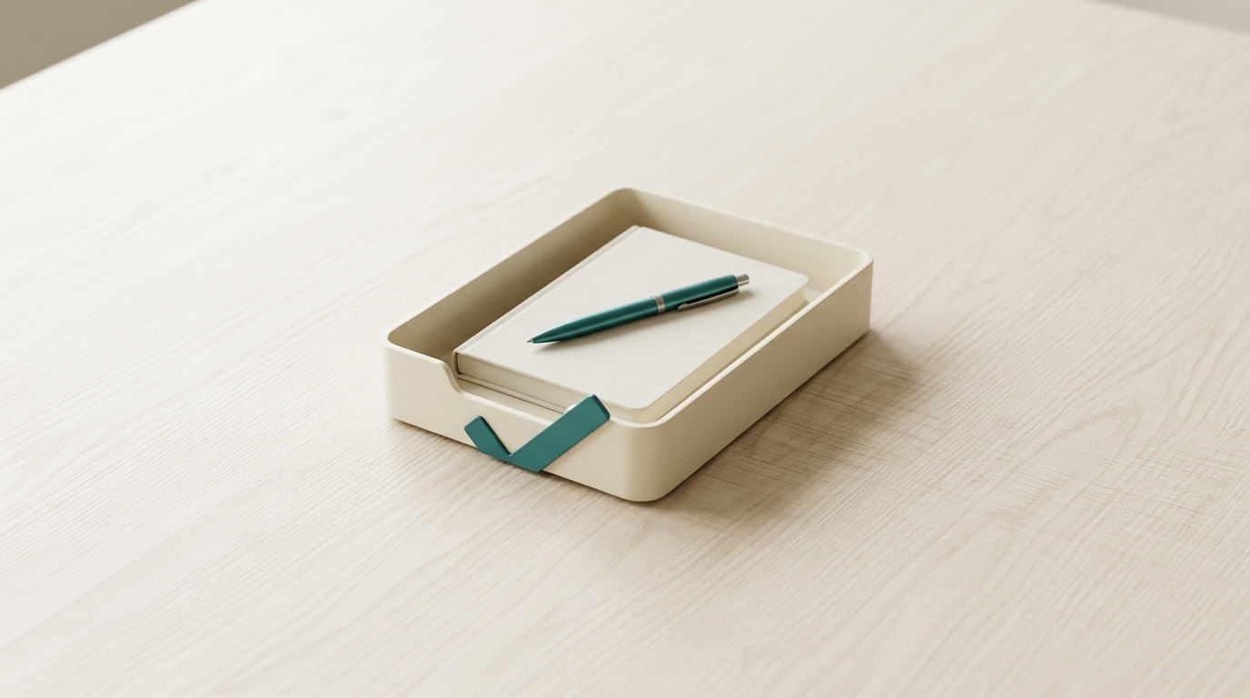 A calm desk with an inbox tray and notebook