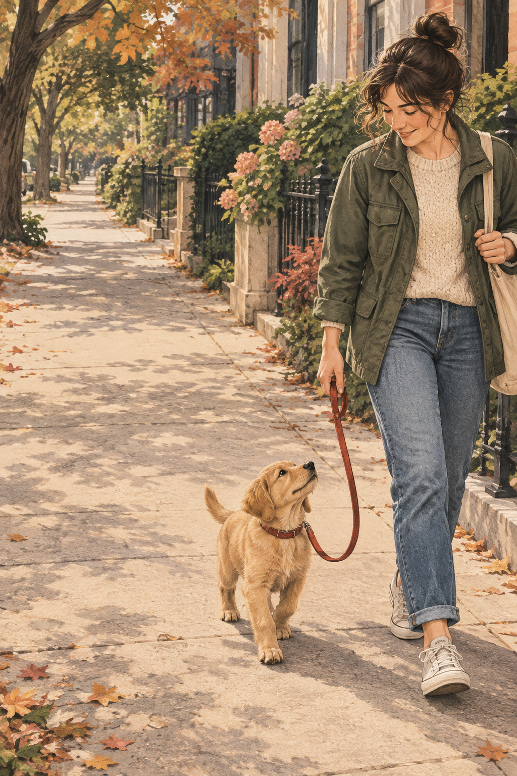 First Time Puppy Owners Enjoying Calm Neighbourhood Walks Without Pulling