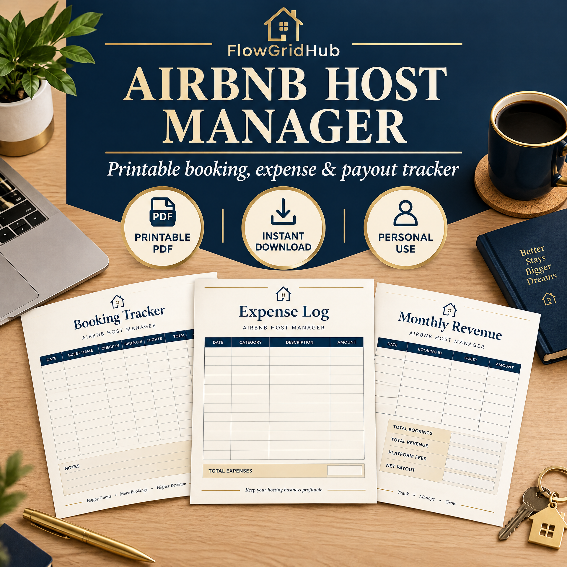 Airbnb Host Manager Printable PDF | Booking Income Expense Log