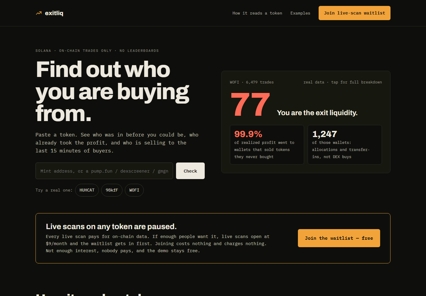 Exit Liquidity Check — Live Scans (waitlist)