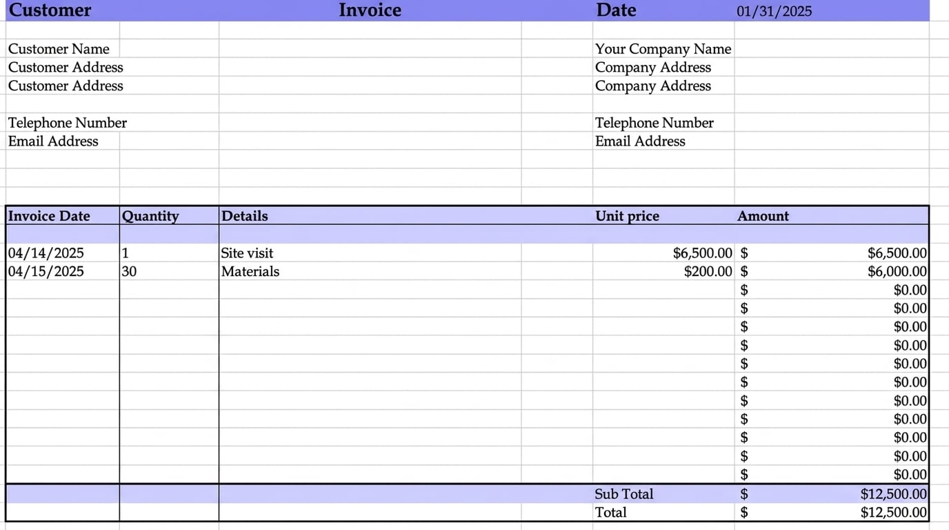Small Business invoice Template for Excel