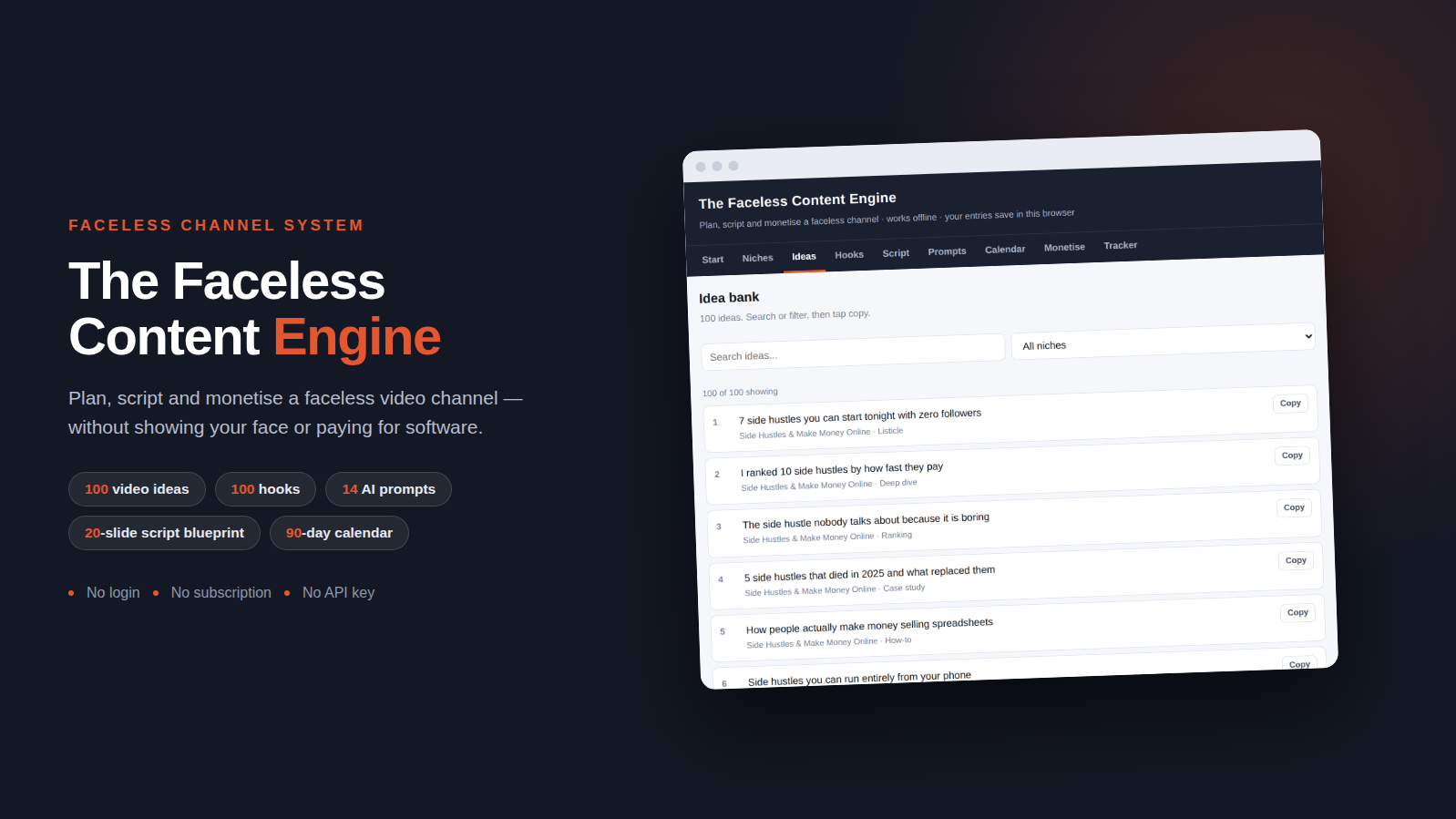 The Faceless Content Engine — 100 Ideas, 100 Hooks, 14 Prompts
