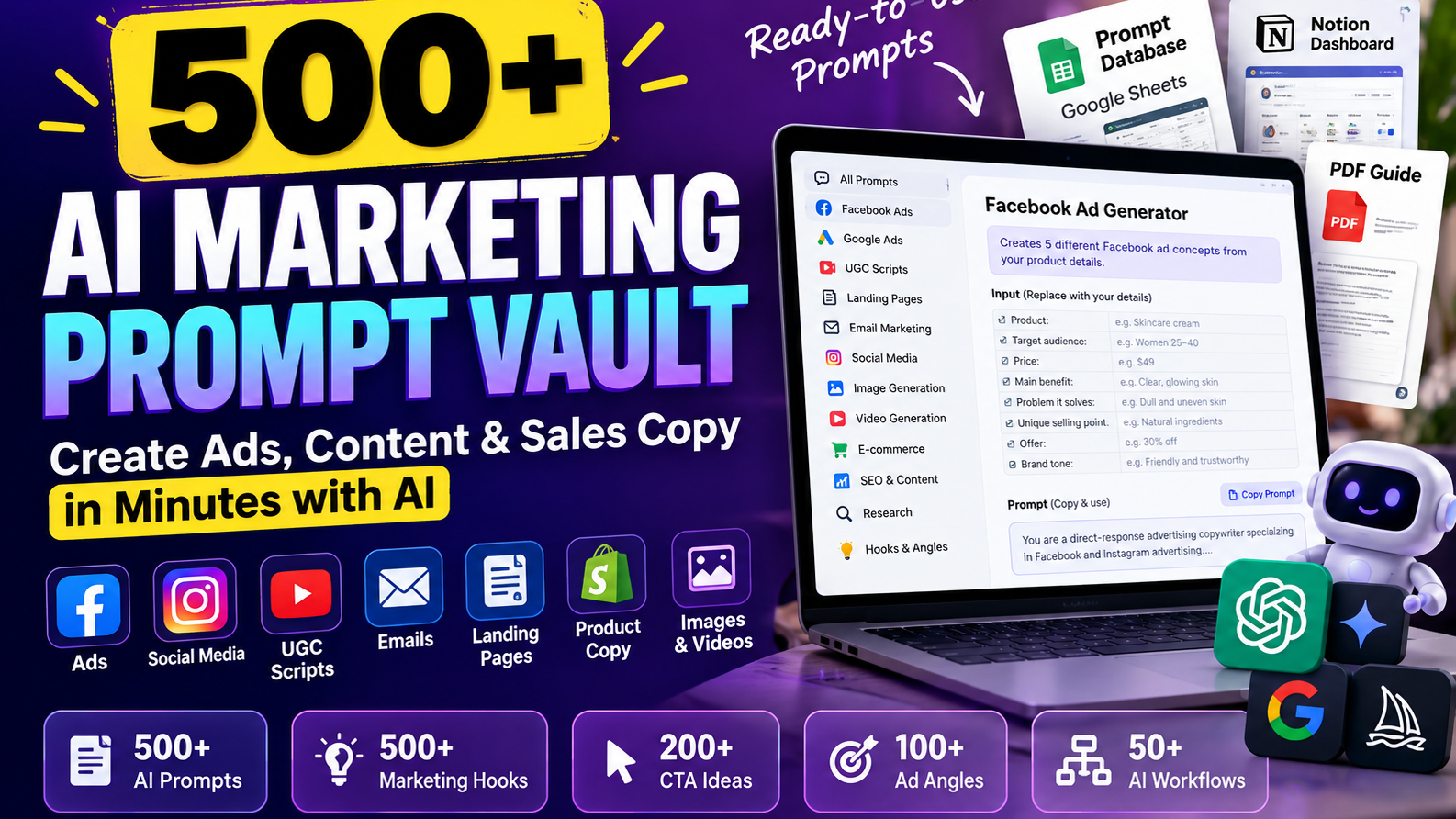 AI Marketing Prompt Vault — 500+ Prompts to Create Ads, Content & Sales