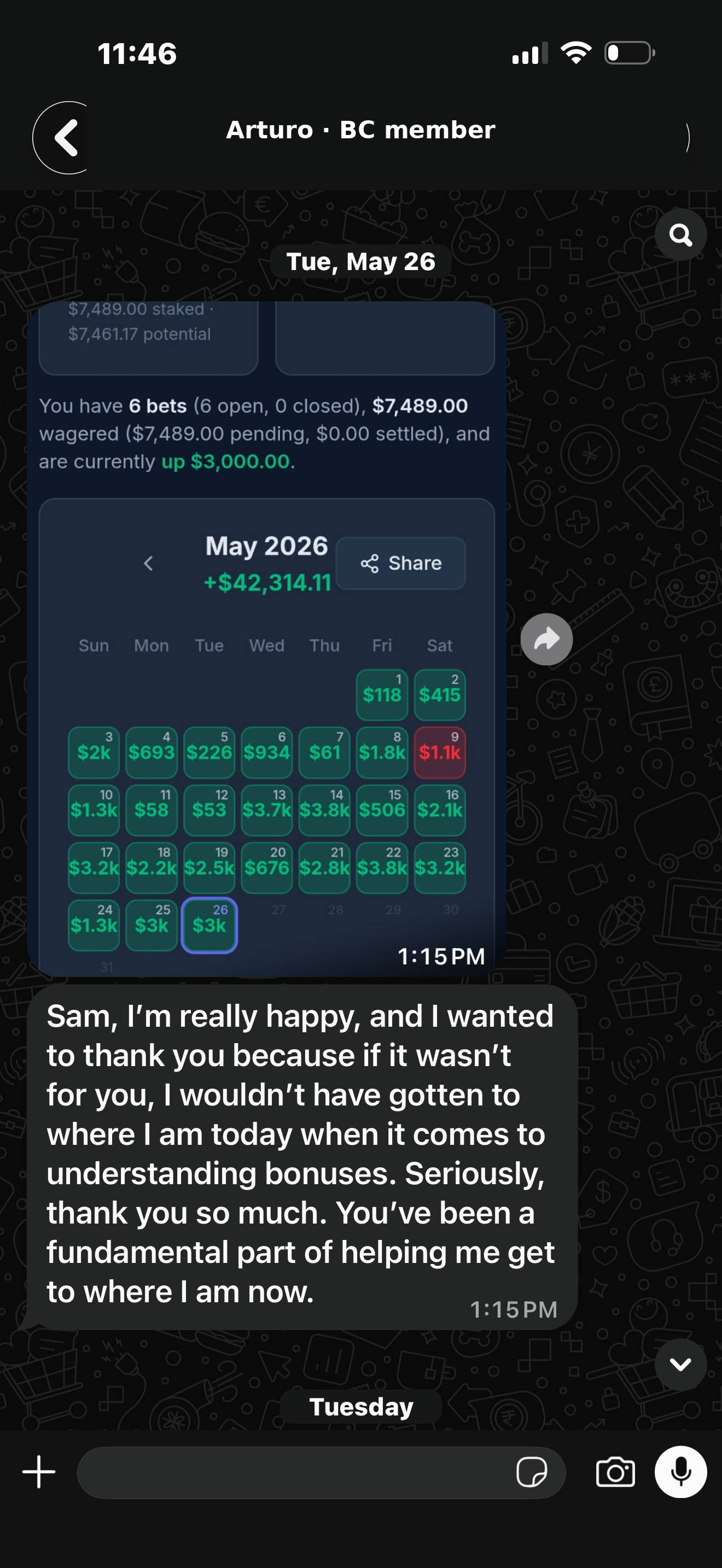Arturo May 2026 monthly tracker +$42,314.11 and thank-you message (phone redacted)