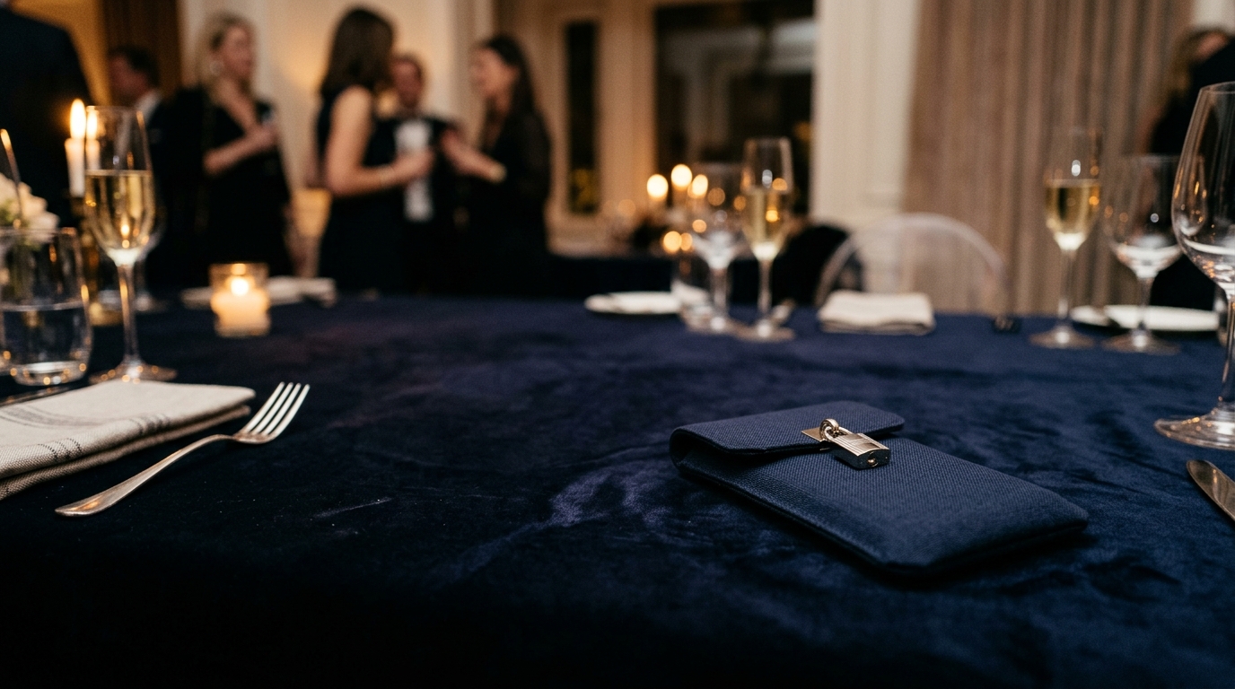 Locked phone pouch on a dining table