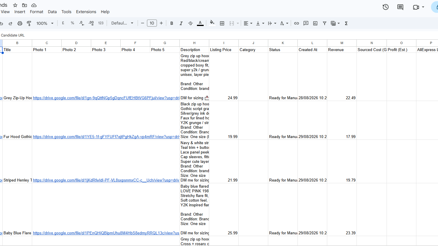 Spreadsheet for products