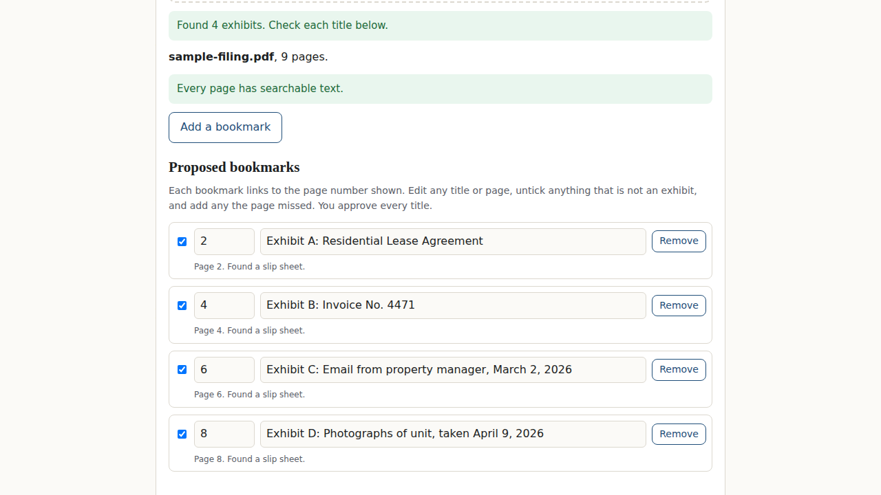 Exhibit Bookmarker for California E-Filing