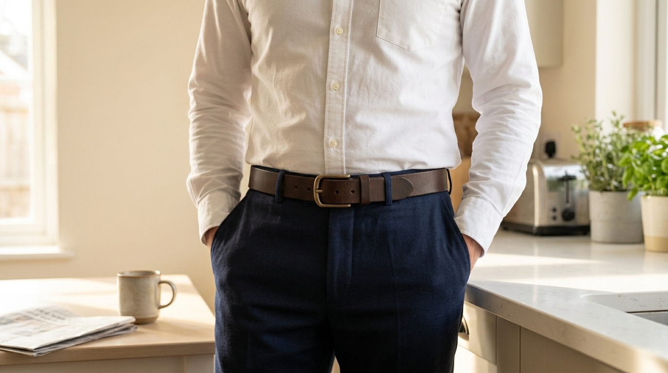 A man in a white shirt and navy trousers wearing a dark brown leather belt