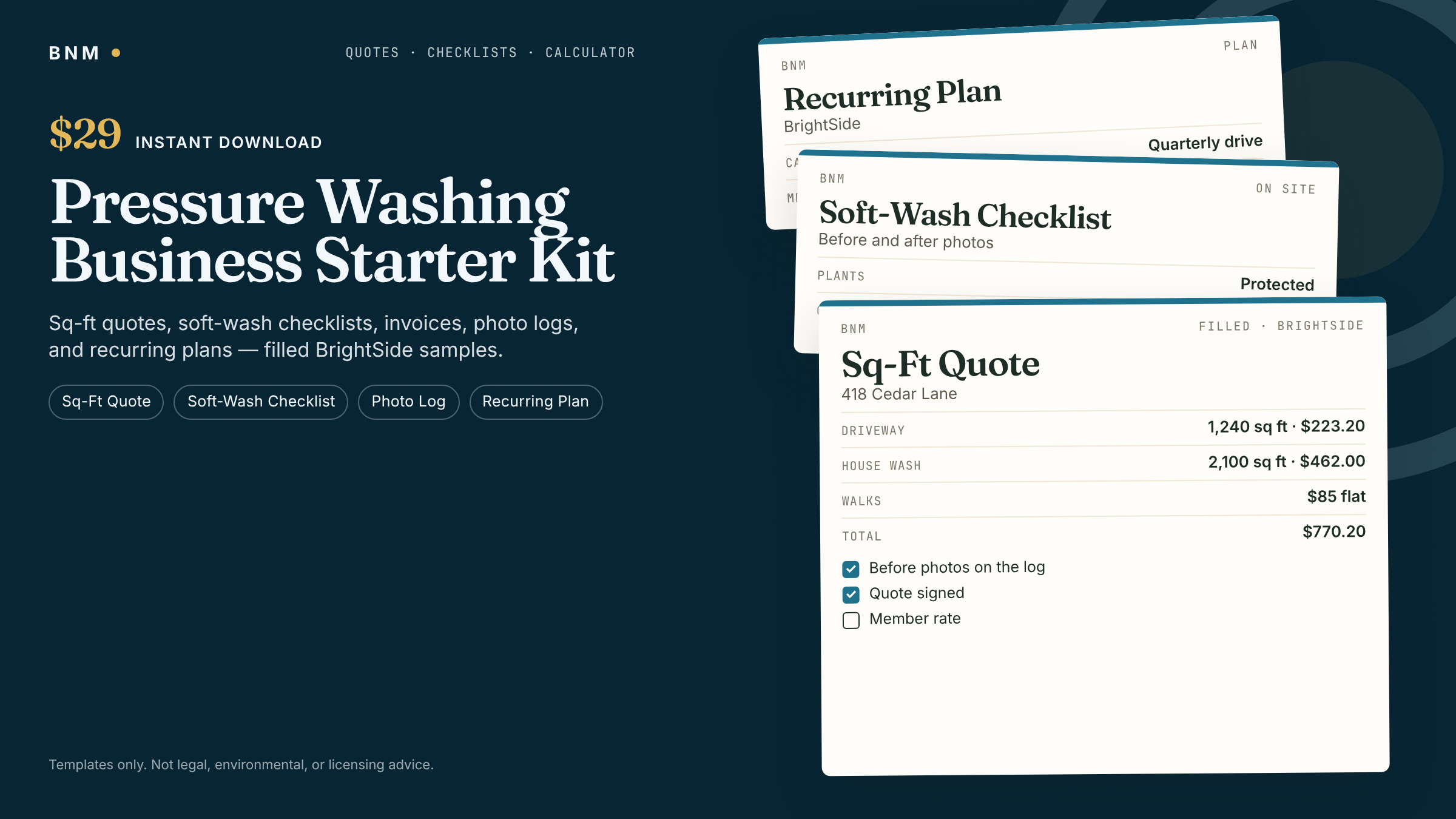 Pressure Washing Starter Kit — Quotes, Soft Wash Checklists, Invoices