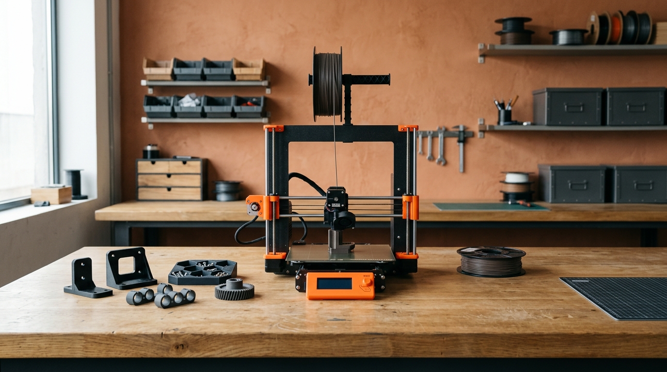 A desktop 3D printer on a workshop bench