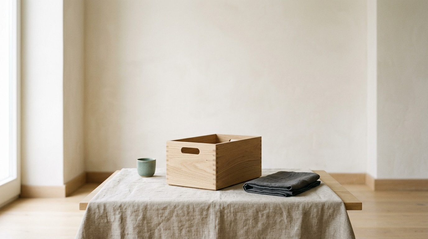 A pale oak storage bin on a linen table